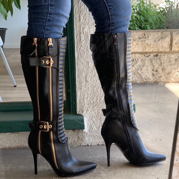 Italiana Sexy Black and Gold Heeled Moto Boot - Picture 2 of 8